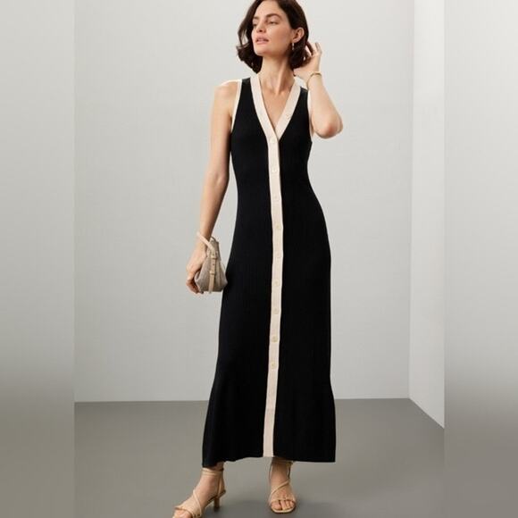 SANDRO Black White Ribbed Knit Beige Button Placket Gabriel Maxi Dress Size 38 - Picture 1 of 16
